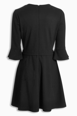 Black Fluted Sleeve Textured Dress